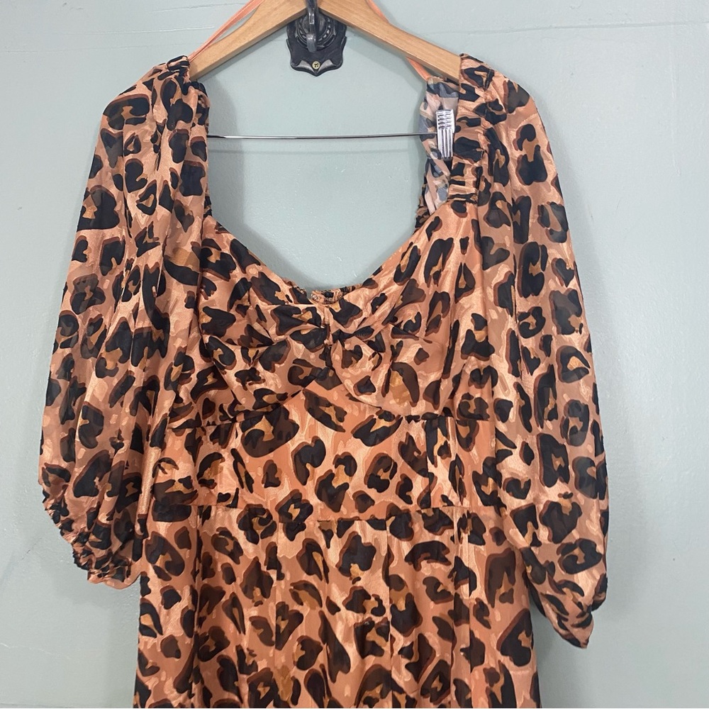 Anthropologie Hutch Leopard Cheetah Twist Puff Sleeve Ruffle Hem Midi Dress 1X - Picture 3 of 7